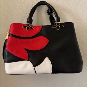 Source Unknown Black Satchel with Red & White Floral Accents